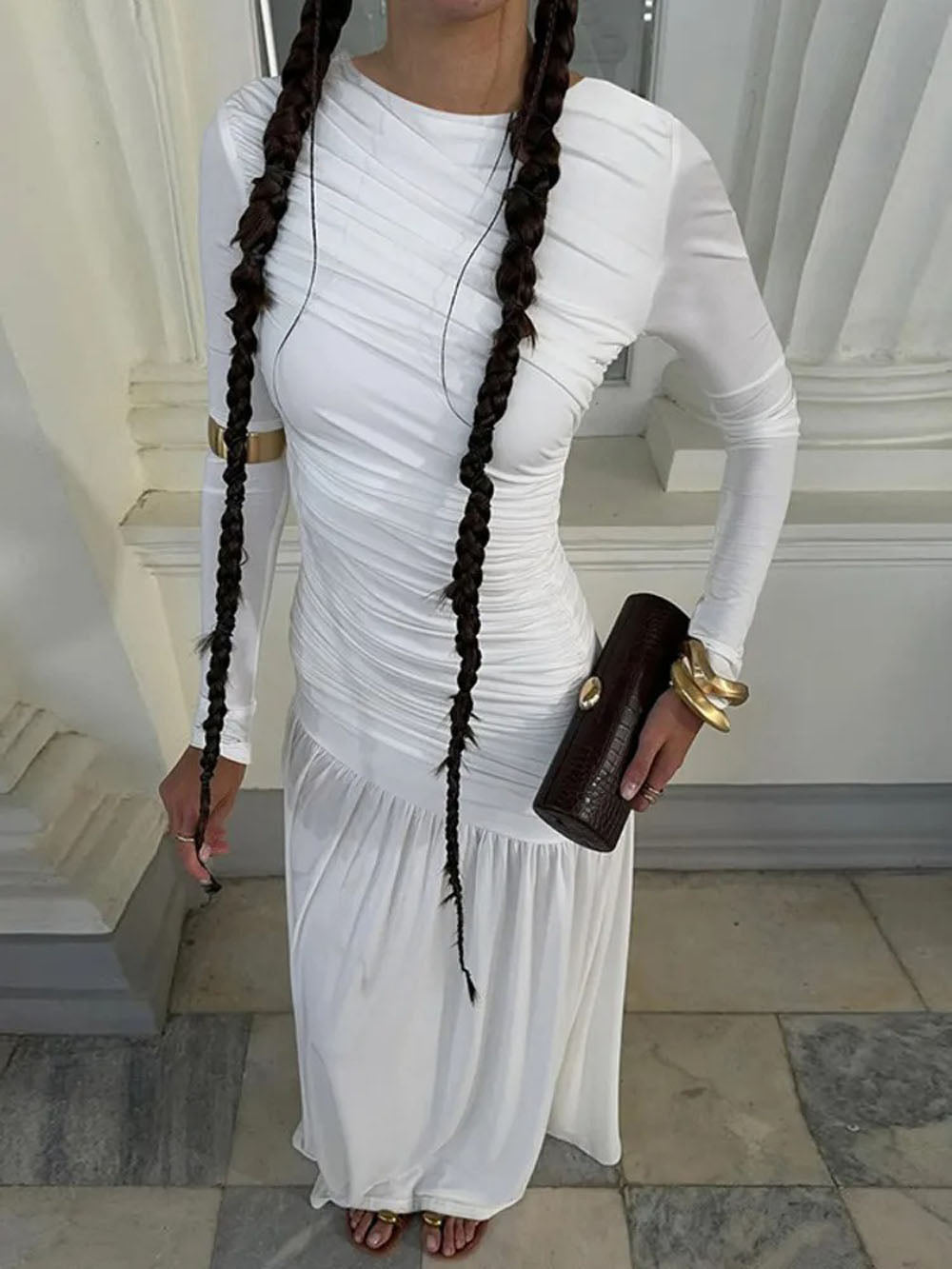 Long Sleeve Ruched Drop Waist Diagonal Seam Pleated Maxi Dress