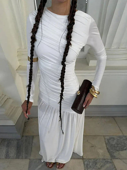 Long Sleeve Ruched Drop Waist Diagonal Seam Pleated Maxi Dress