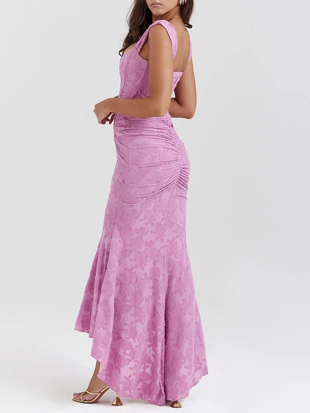 Textured Floral Off-Shoulder Draped Sleeve Ruched High-Low Midi Dress