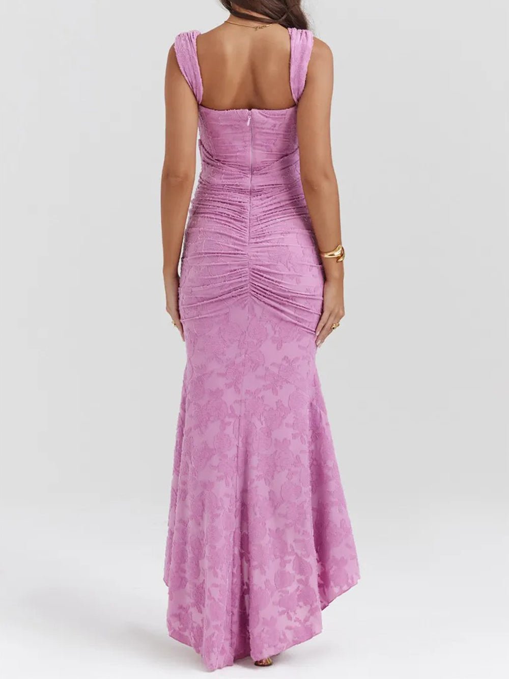 Textured Floral Off-Shoulder Draped Sleeve Ruched High-Low Midi Dress