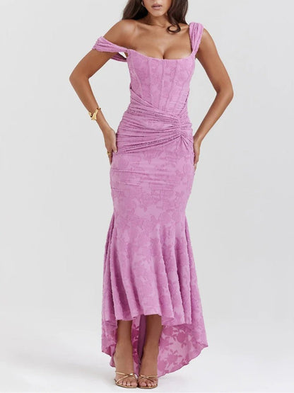 Textured Floral Off-Shoulder Draped Sleeve Ruched High-Low Midi Dress