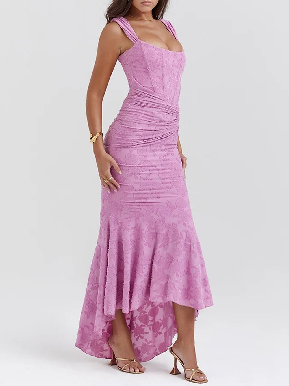 Textured Floral Off-Shoulder Draped Sleeve Ruched High-Low Midi Dress