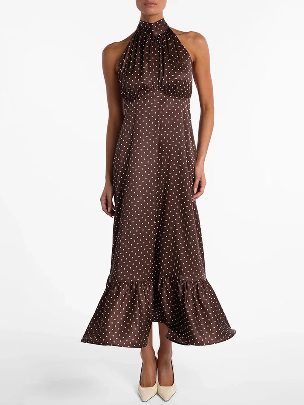 Polka Dot Halter Ruched Neck Empire Waist Ruffle Hem Maxi Dress