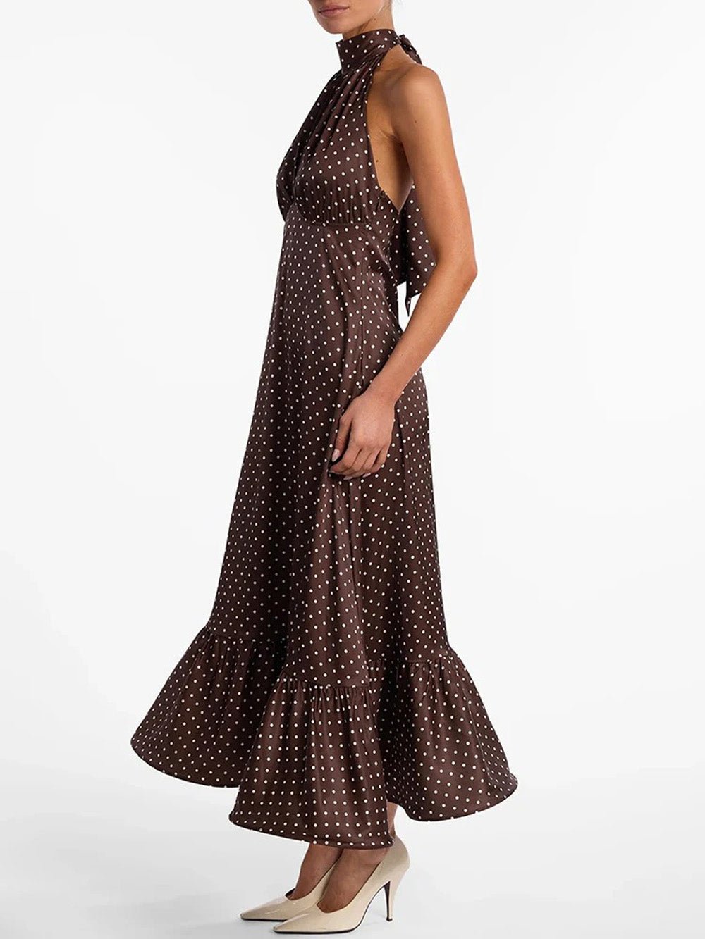 Polka Dot Halter Ruched Neck Empire Waist Ruffle Hem Maxi Dress