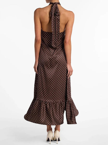 Polka Dot Halter Ruched Neck Empire Waist Ruffle Hem Maxi Dress