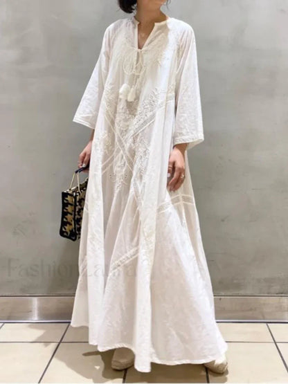 Linen Lace-Up White Boho Dress
