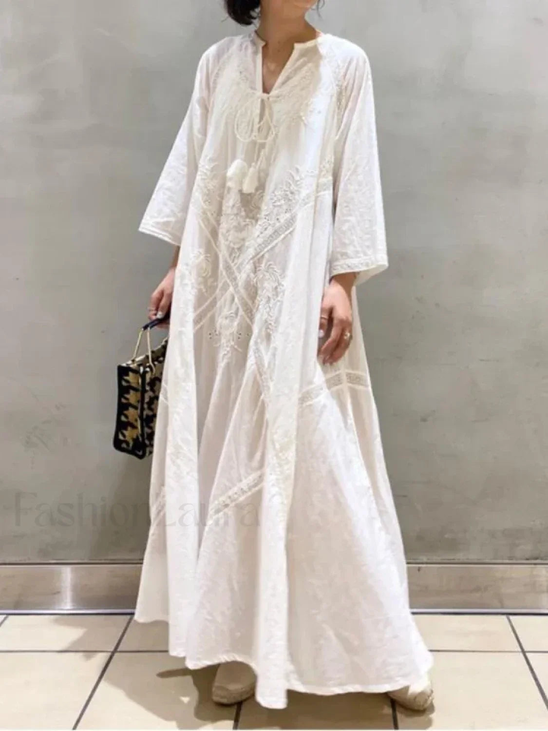 Linen Lace-Up White Boho Dress