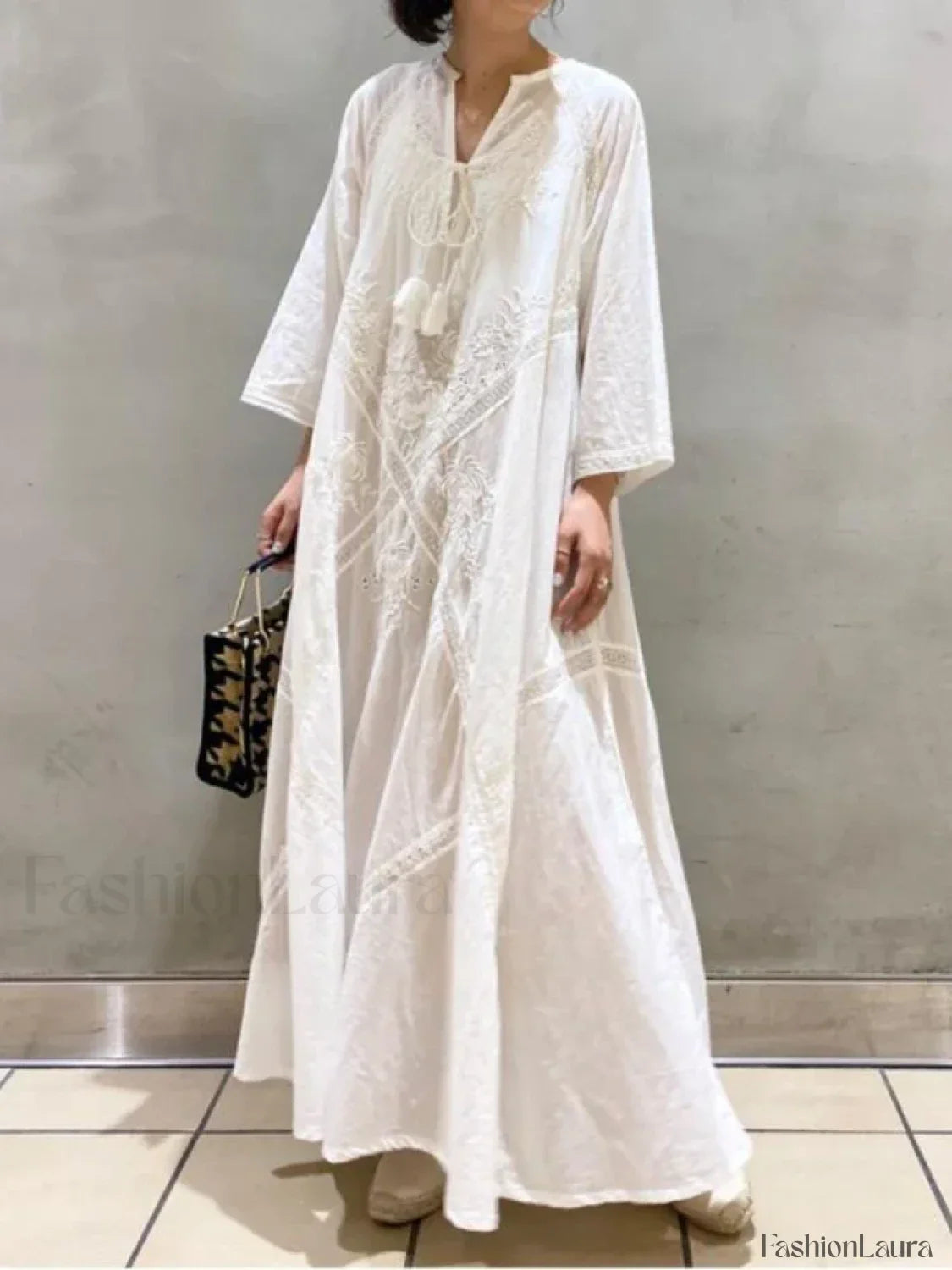 Linen Lace-Up White Boho Dress