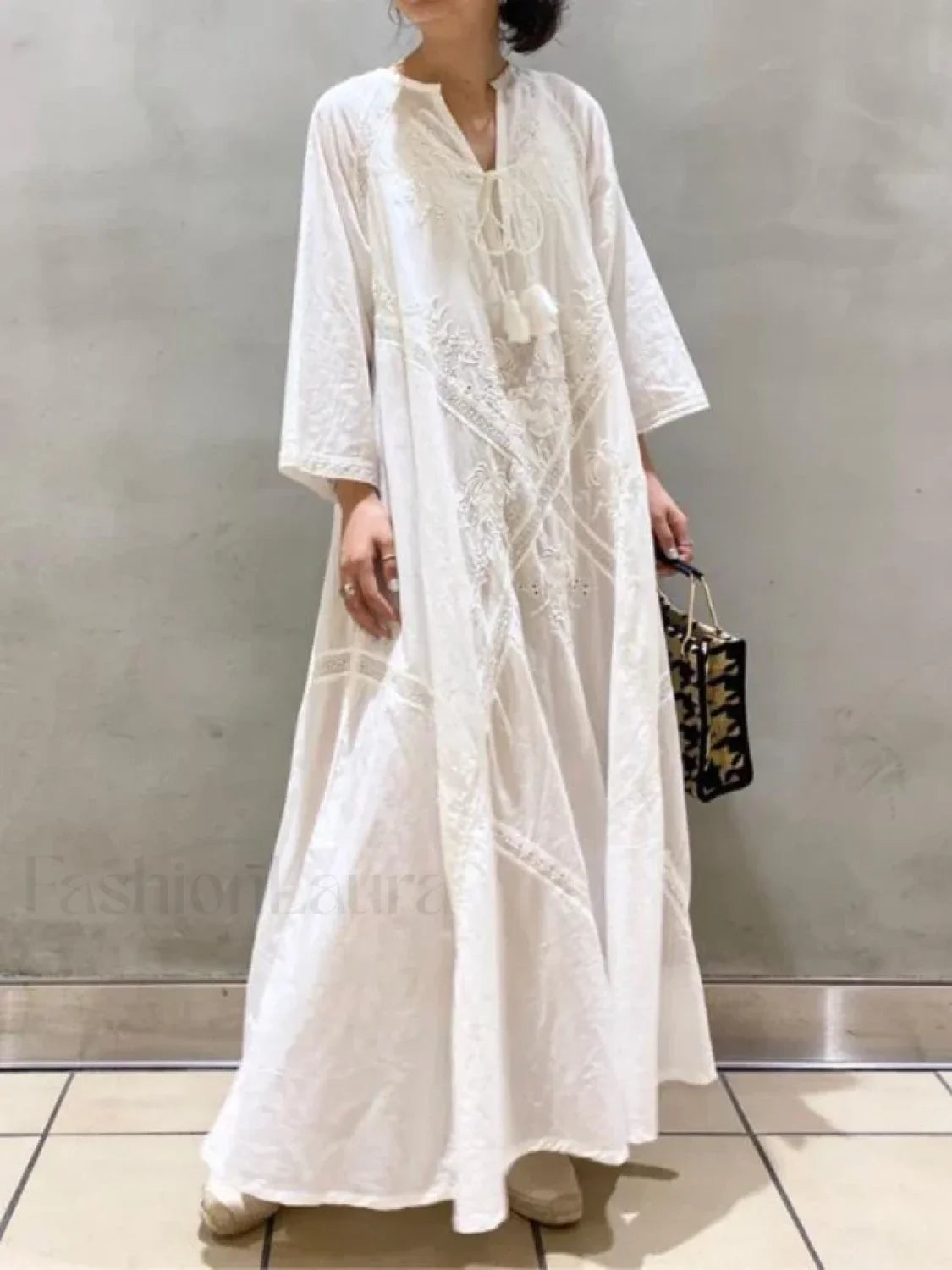 Linen Lace-Up White Boho Dress