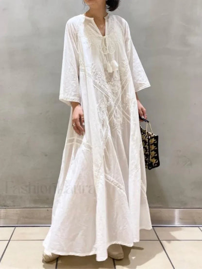 Linen Lace-Up White Boho Dress