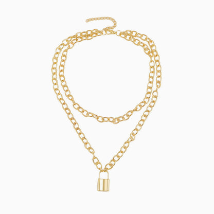 Gold Layered Chain-Link Necklace with Modern Lock Pendant