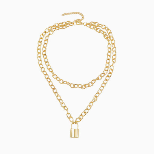 Gold Layered Chain-Link Necklace with Modern Lock Pendant