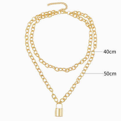 Gold Layered Chain-Link Necklace with Modern Lock Pendant