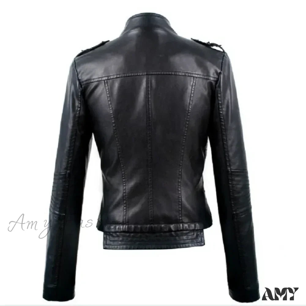 Locomotive PU Leather Short Slim-Fit Stand-Up Collar Rivet Leather Jacket