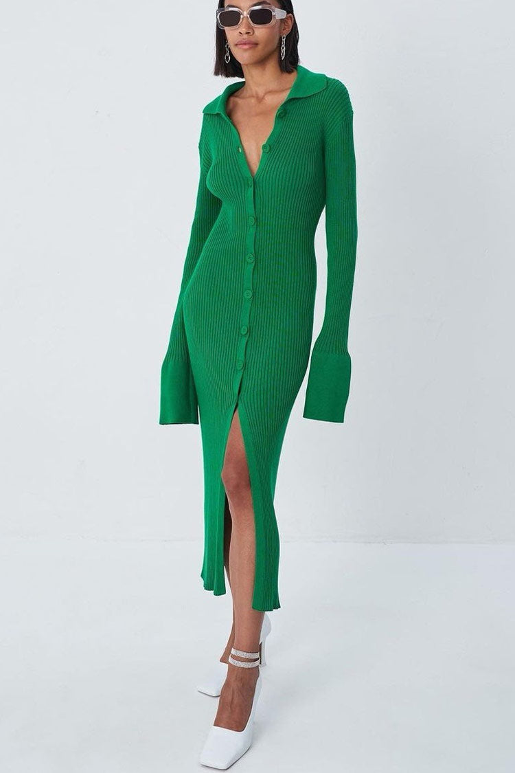 Ribbed Knit Button Front Polo Collar Bell Cuff Bodycon Maxi Sweater Dress