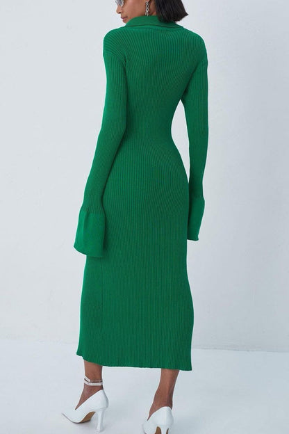 Ribbed Knit Button Front Polo Collar Bell Cuff Bodycon Maxi Sweater Dress