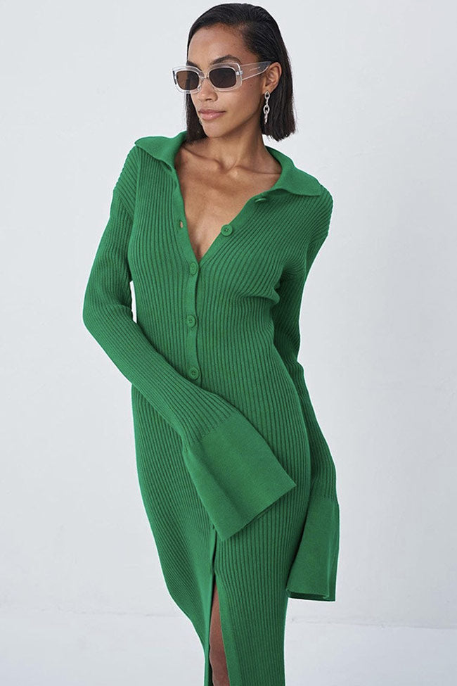 Ribbed Knit Button Front Polo Collar Bell Cuff Bodycon Maxi Sweater Dress