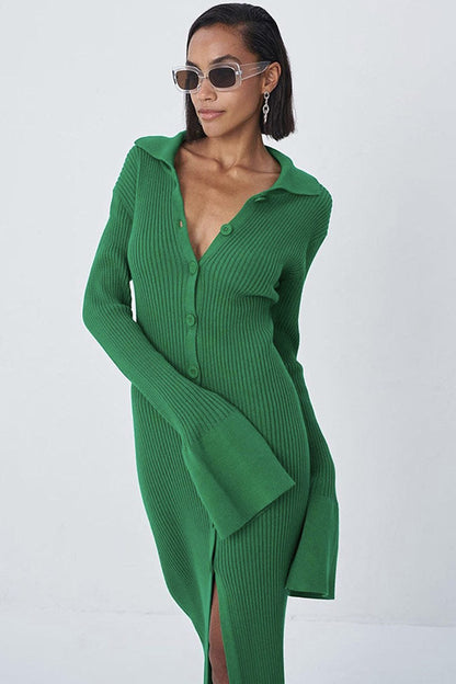 Ribbed Knit Button Front Polo Collar Bell Cuff Bodycon Maxi Sweater Dress