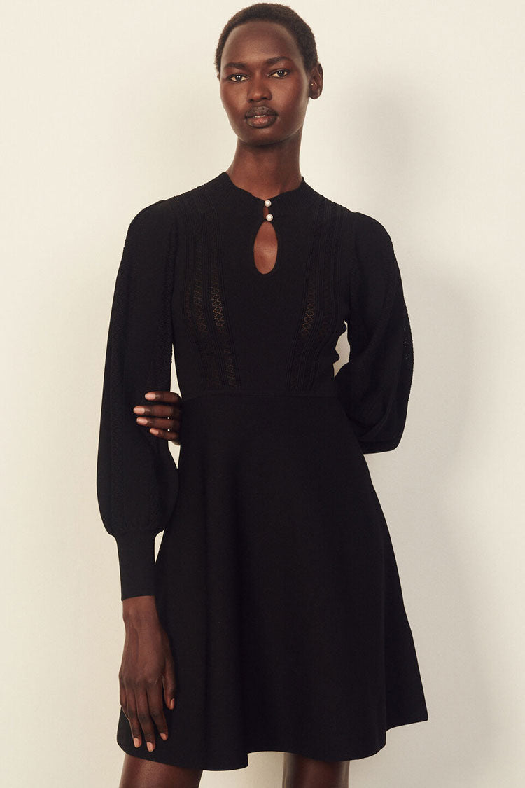 Pointelle Knit Keyhole Pearl Button Balloon Sleeve A-Line Mini Dress