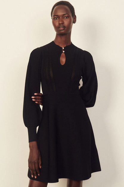 Pointelle Knit Keyhole Pearl Button Balloon Sleeve A-Line Mini Dress