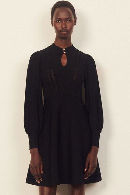 Pointelle Knit Keyhole Pearl Button Balloon Sleeve A-Line Mini Dress