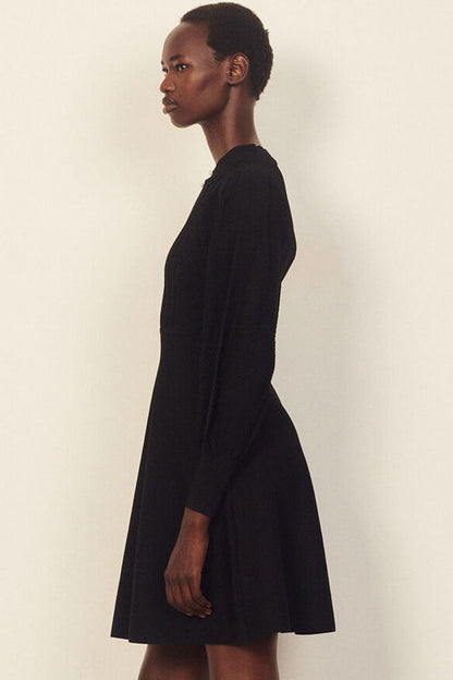 Pointelle Knit Keyhole Pearl Button Balloon Sleeve A-Line Mini Dress