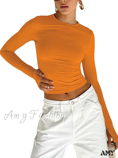 Long Sleeve Crew Neck Solid Slim Fit Thumb Holes Crop Top