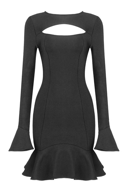 Long Sleeve Chest Cutout Bell Cuff Ruffle Hem Bandage Mini Dress