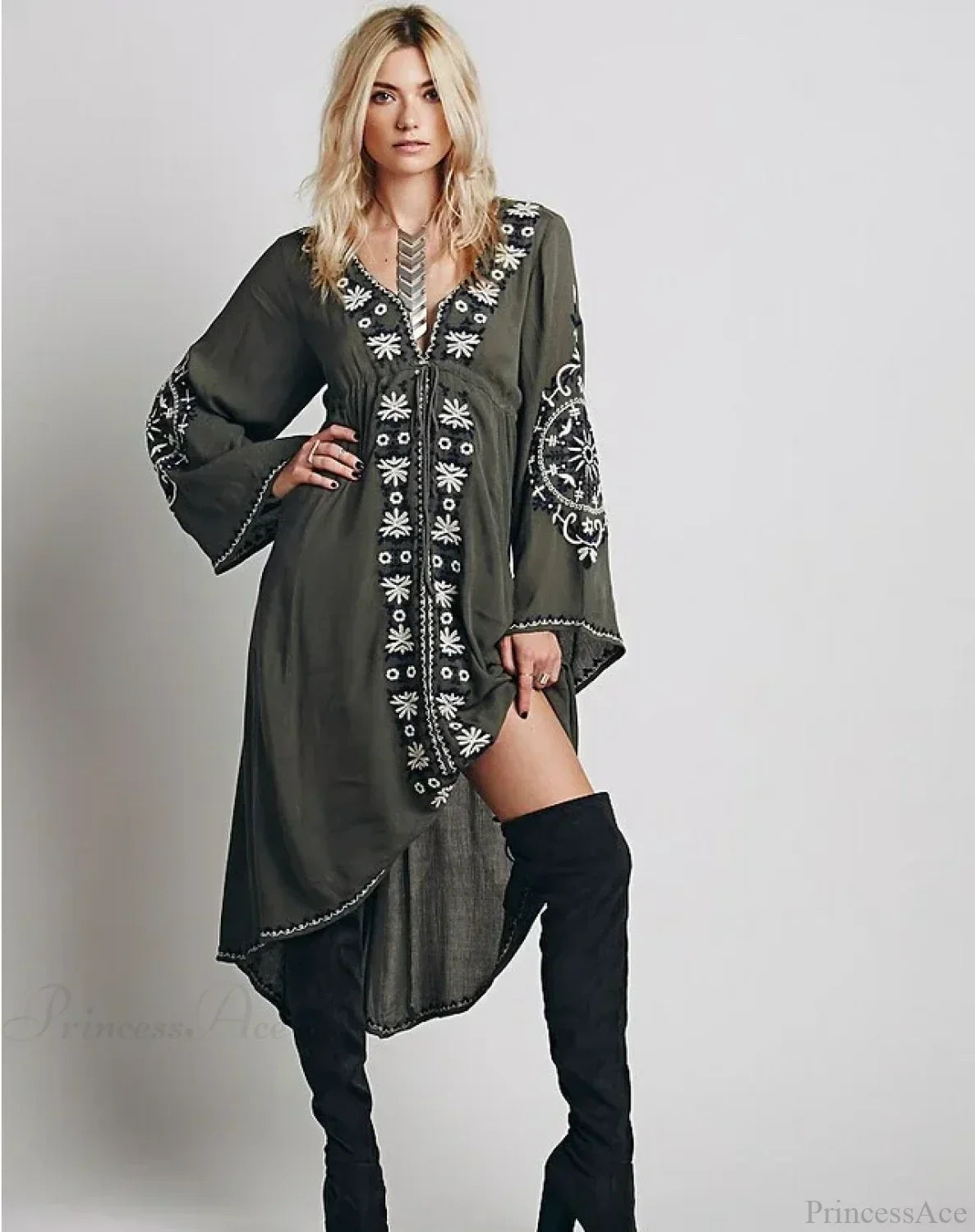 Long Sleeve Floral Embroidered Cotton Boho Dress