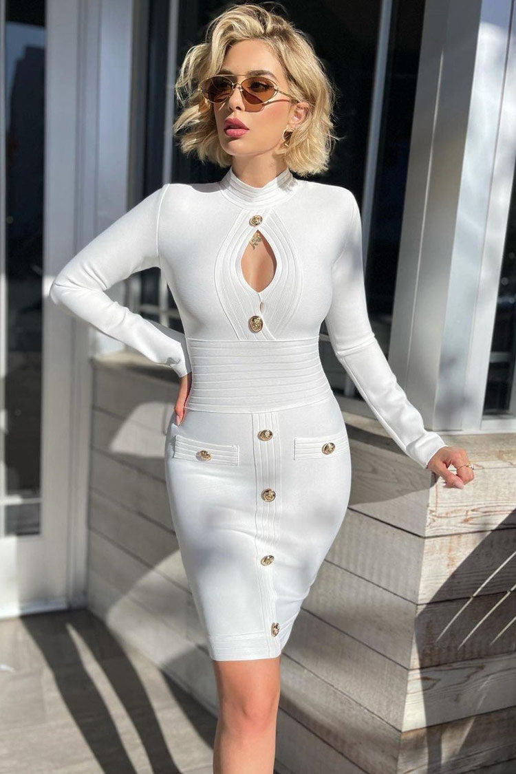 Mock Neck Keyhole Metal Button Ribbed Bandage Knit Midi Dress