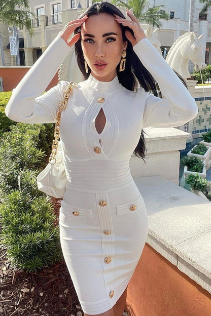 Mock Neck Keyhole Metal Button Ribbed Bandage Knit Midi Dress