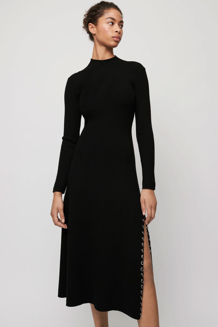 Ribbed Knit Mock Neck Long Sleeve Ring Trim Side Slit Midi Dress