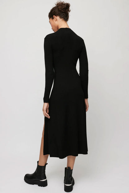 Ribbed Knit Mock Neck Long Sleeve Ring Trim Side Slit Midi Dress