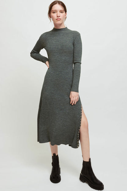 Rib Knit Mock Neck Long Sleeve Ring-Detail High Slit Midi Dress