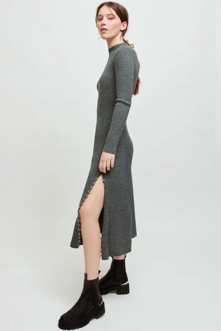 Rib Knit Mock Neck Long Sleeve Ring-Detail High Slit Midi Dress