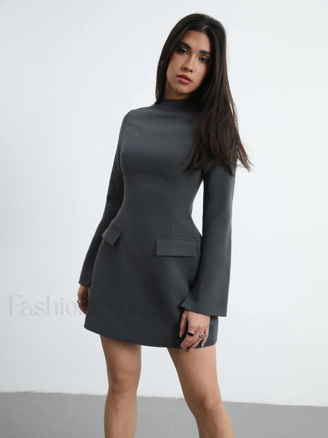 Long Sleeve Pocket Trendy Decor Short Dress