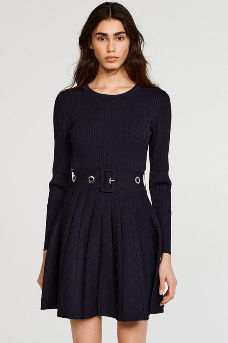 Rib Knit Grommet Belt Fit-and-Flare Pointelle Mini Dress
