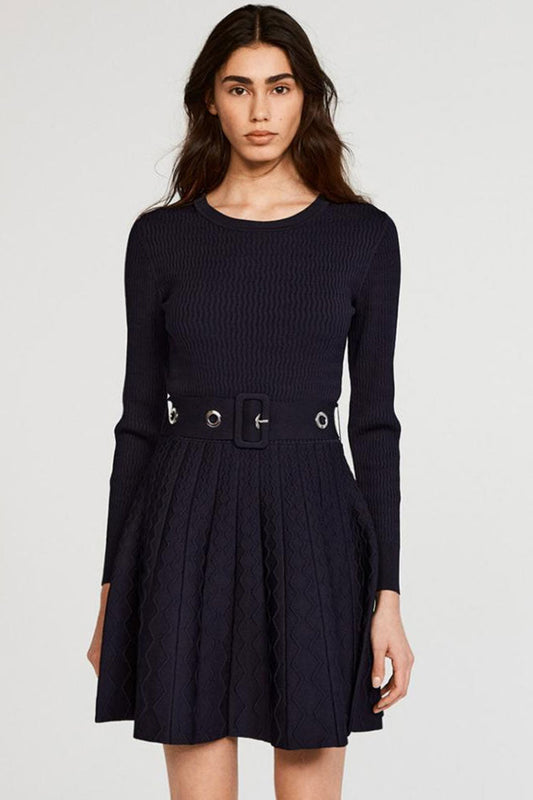 Rib Knit Grommet Belt Fit-and-Flare Pointelle Mini Dress