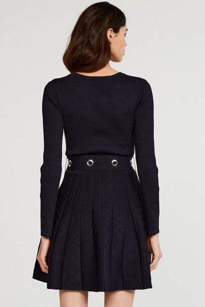 Rib Knit Grommet Belt Fit-and-Flare Pointelle Mini Dress