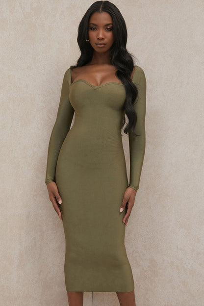 Sweetheart Neck Long Sleeve Ribbed Bandage Bodycon Midi Dress