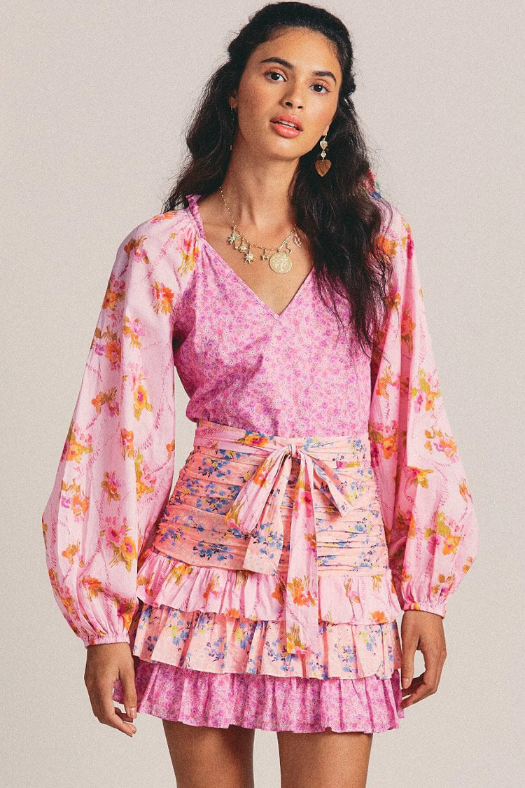 Mixed Floral Print Bishop Sleeve Deep V-Neck Smocked Tiered Ruffle Mini Skirt Set