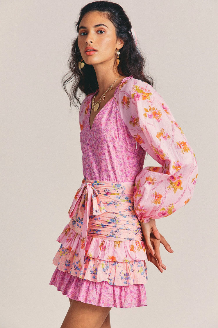 Mixed Floral Print Bishop Sleeve Deep V-Neck Smocked Tiered Ruffle Mini Skirt Set