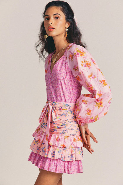 Mixed Floral Print Bishop Sleeve Deep V-Neck Smocked Tiered Ruffle Mini Skirt Set