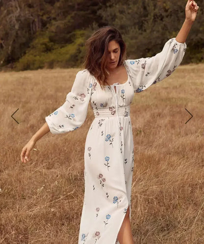 Long-sleeved Stretch Waist Split White Boho Dress