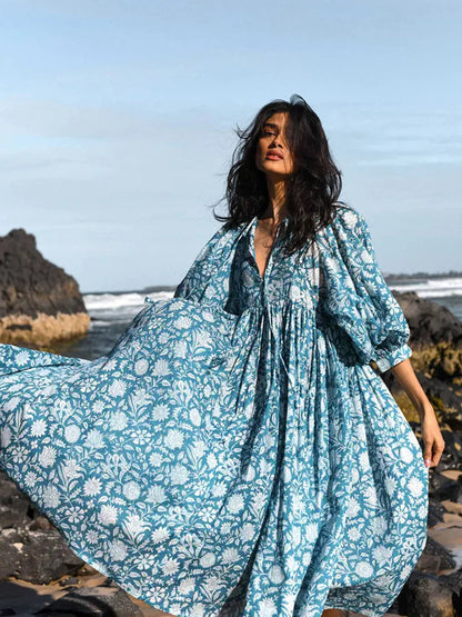 Botanical Block Print Tie-Neck Balloon Sleeve Empire Waist Midi Dress