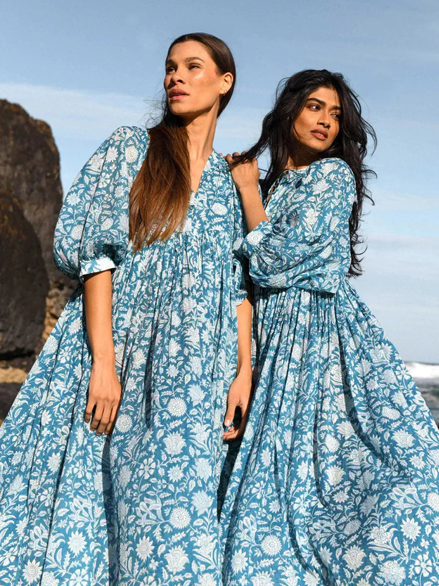 Botanical Block Print Tie-Neck Balloon Sleeve Empire Waist Midi Dress