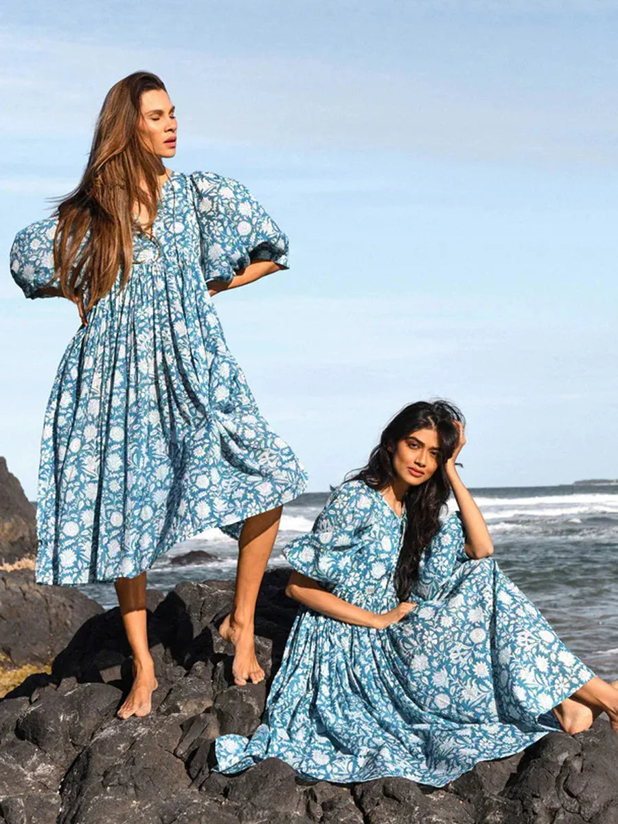 Botanical Block Print Tie-Neck Balloon Sleeve Empire Waist Midi Dress
