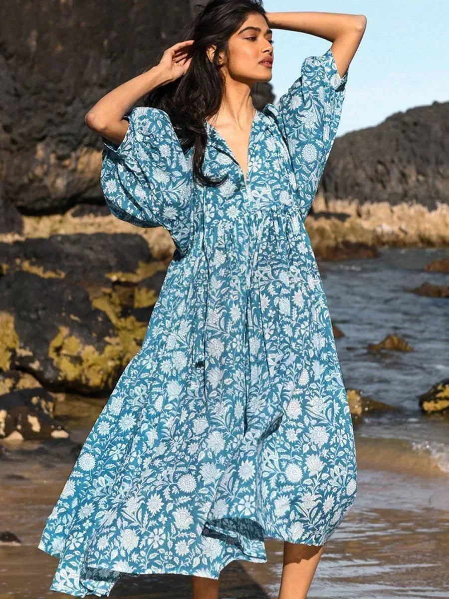 Botanical Block Print Tie-Neck Balloon Sleeve Empire Waist Midi Dress