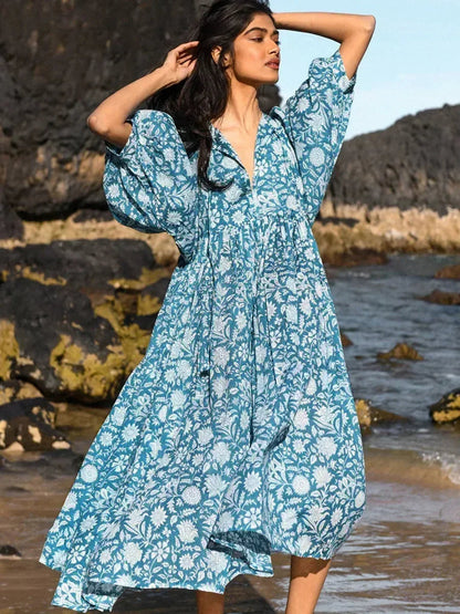 Botanical Block Print Tie-Neck Balloon Sleeve Empire Waist Midi Dress