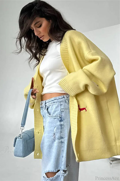 Loose Dachshund Embroidery Knit Button Cardigan